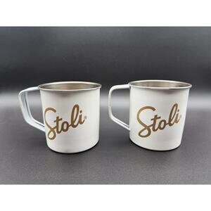 Stoli Vodka Metal Camping Mugs Set of 2 White Stainless Steel Lined Cups